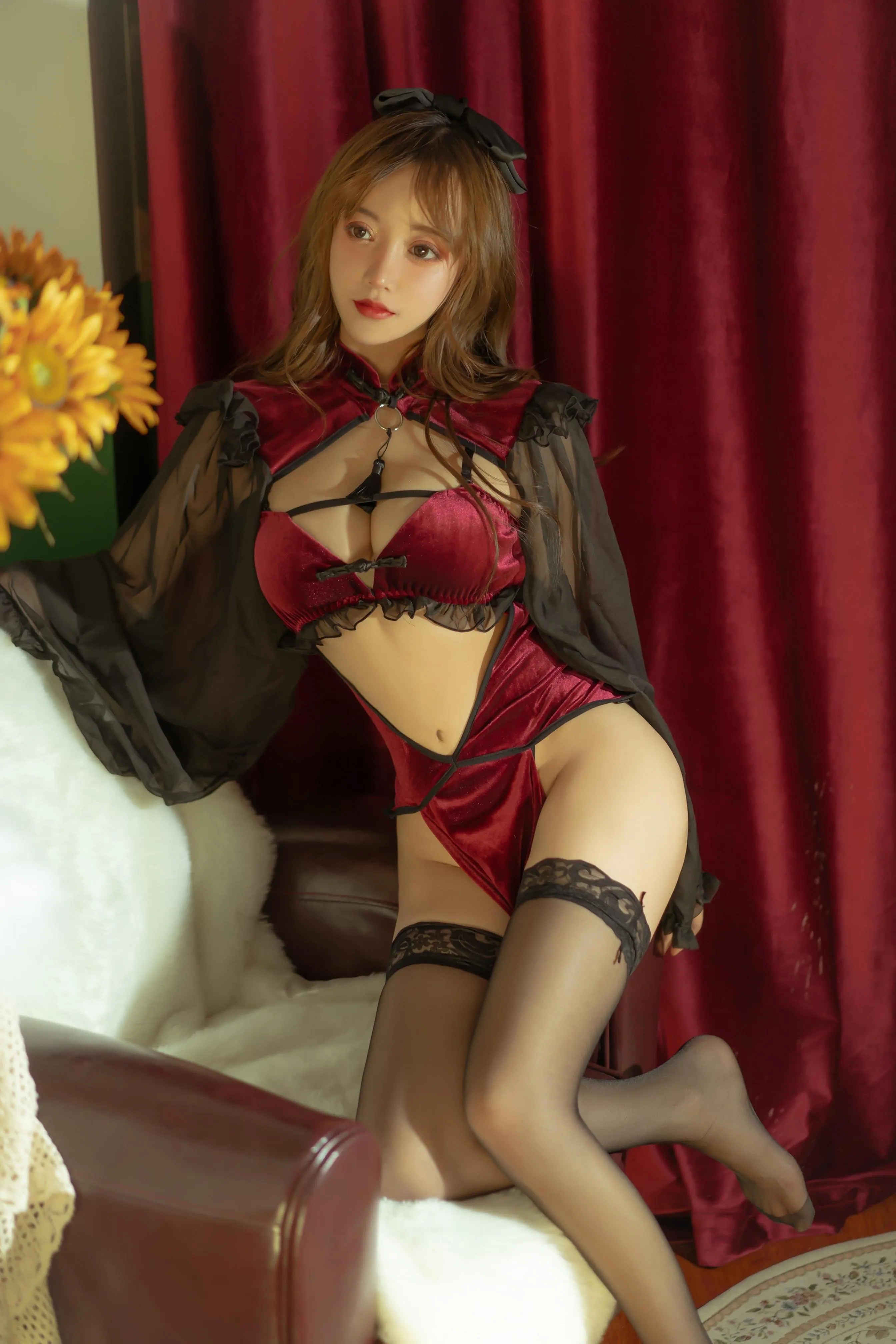 过期米线线喵 – NO.100 红丝绒旗袍 [53P]插图5